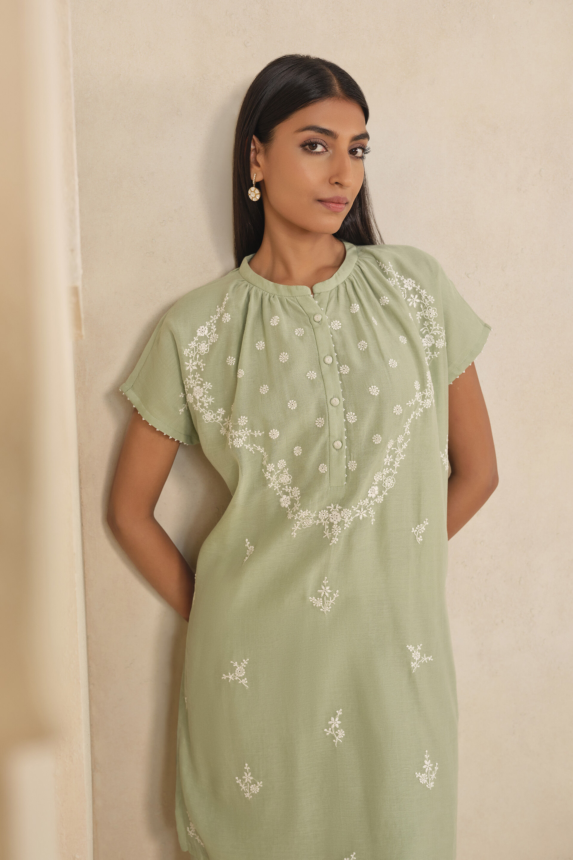 Haiku Hand-embroidered Chikankari Mul Kurta Set - Sage, Sage, image 4